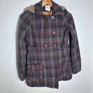 Heritage 1981 Brown and Navy Plaid Double-Breasted Pea Coat with Hood